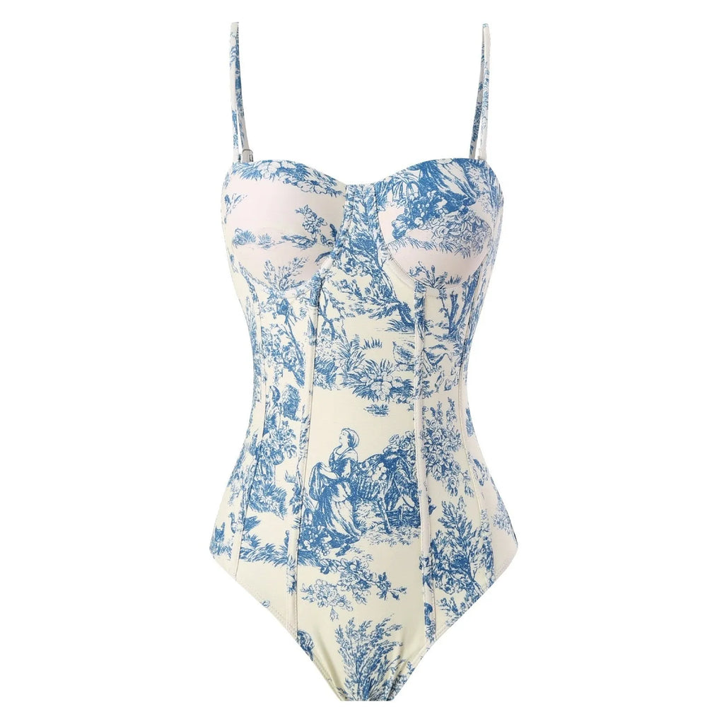Blue one-piece swimsuit for women with an optional matching gauze skirt, shown in various sizes.