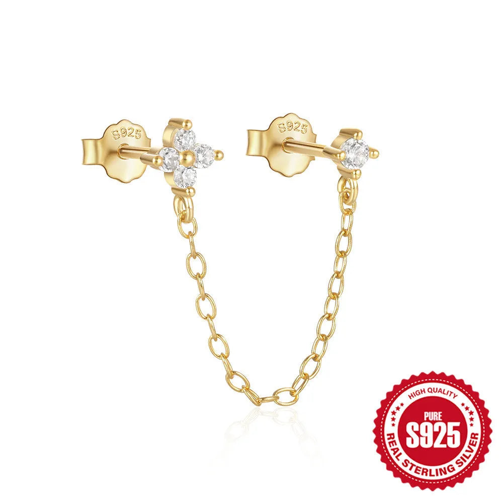 S925 sterling silver earrings with electroplated gold finish and geometric flower tassel chain design