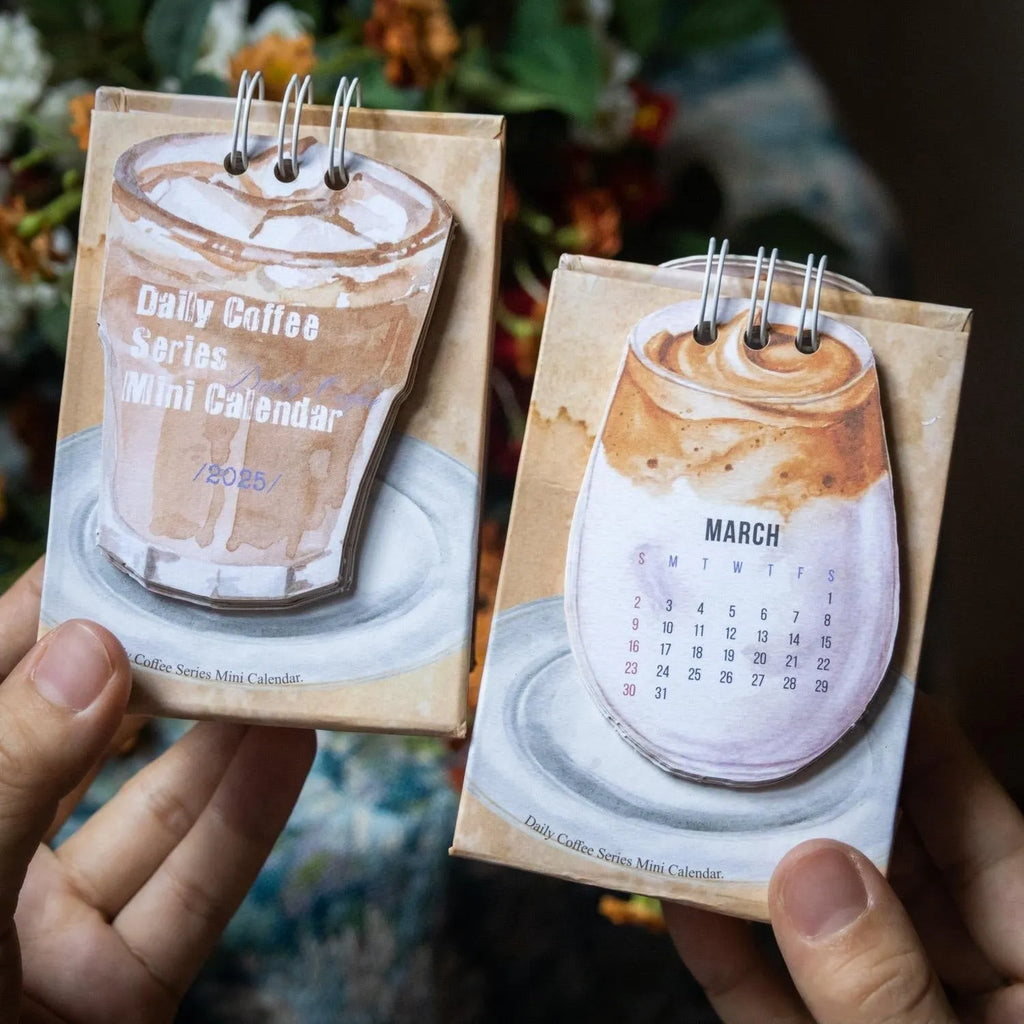 Coffee mini desk calendar 2025 set showing four different themed designs