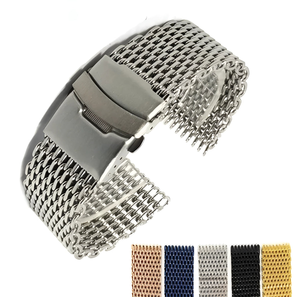 Thickened 40mm cool shark mesh watch strap in silver for high-grade watch button