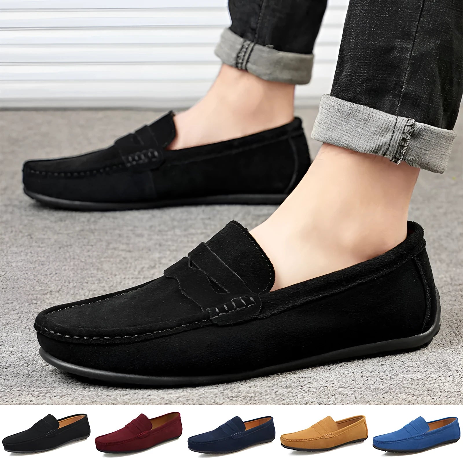 Men's solid colour suede loafers with round toe and flat rubber sole.