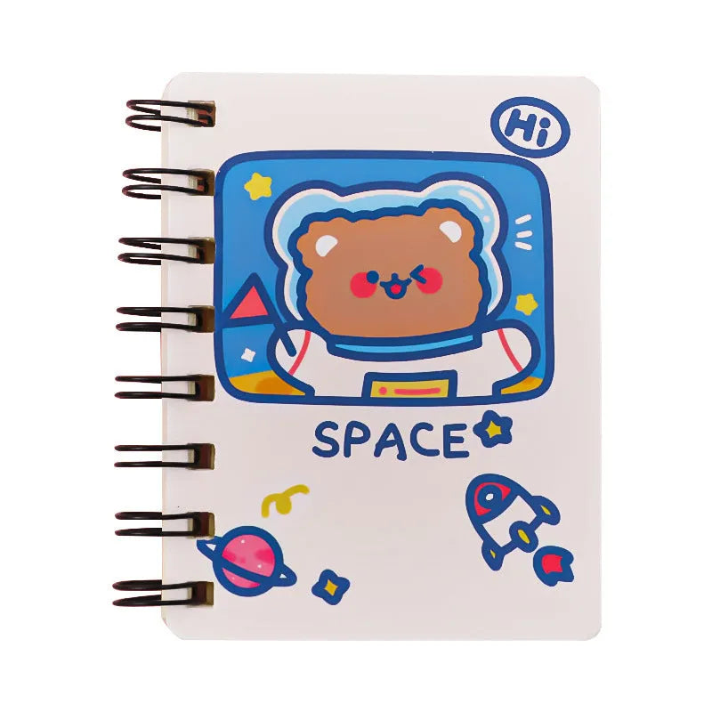 Small astronaut-themed flipper notebook showing one of four cover designs: Astronaut Bear, Planet Teddy, Space Cat, or UFO.