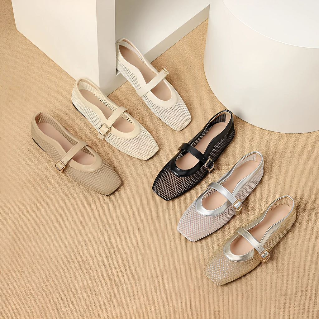 Women's beige mesh low-heel pump with square toe and buckle fastening on a white background.