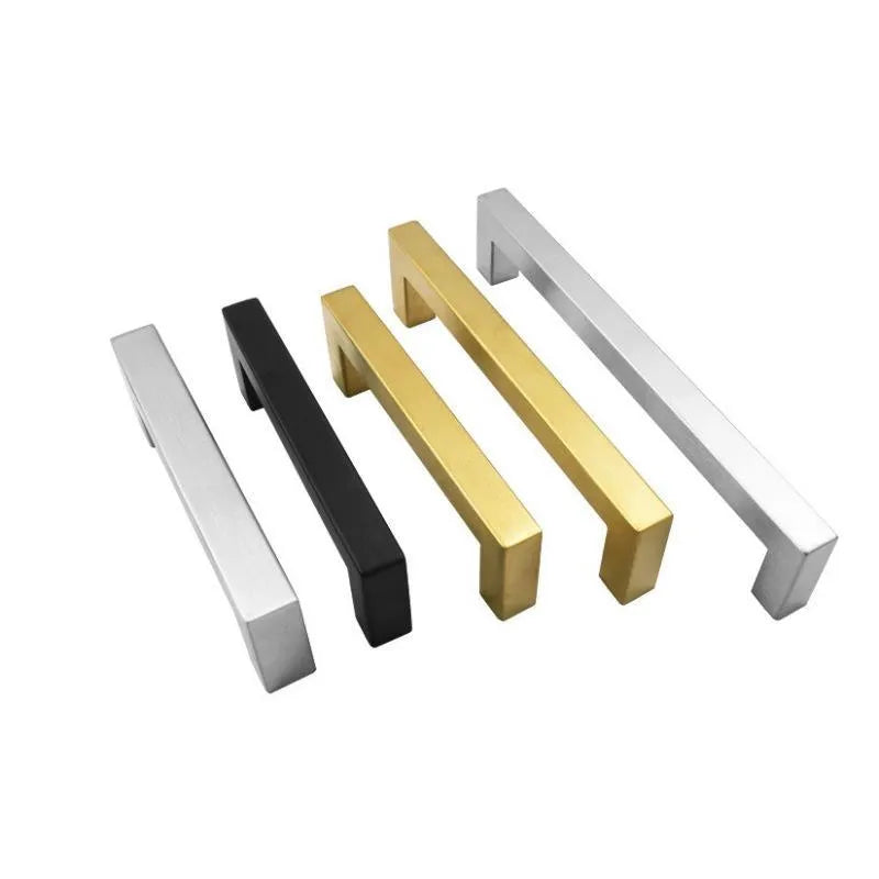 Stainless steel square pipe cabinet handle with a brushed finish, shown next to a size specification chart.