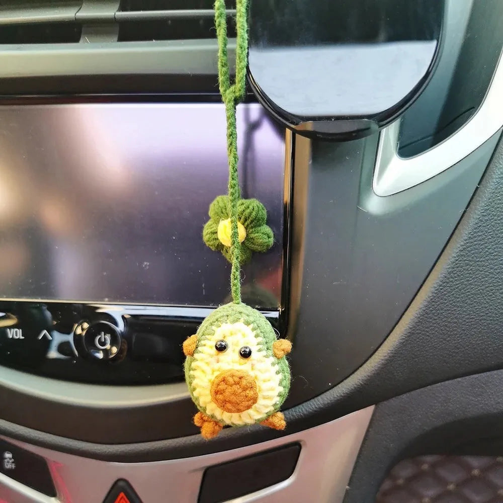 Handmade crocheted car pendant in avocado, pink rainbow, or red rainbow colours