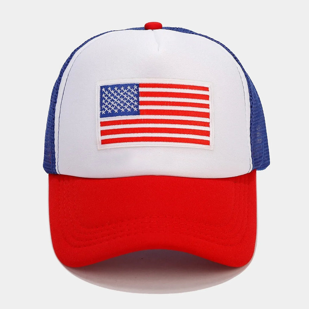 Red and blue contrast baseball cap with mesh breathable crown and adjustable strap