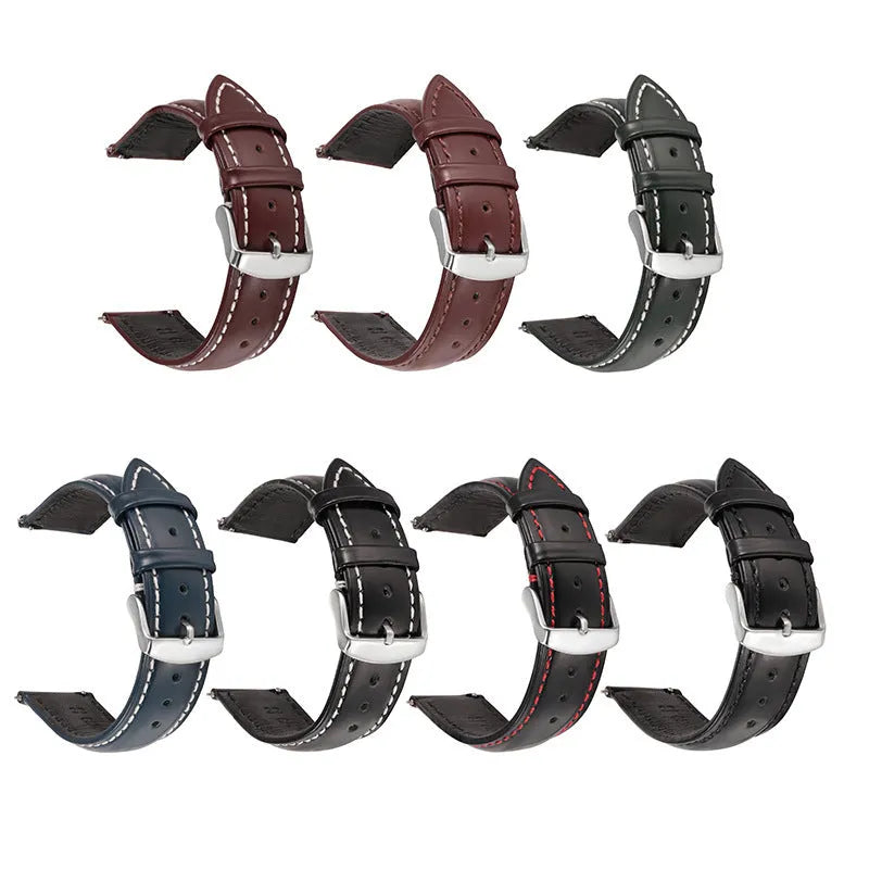 Quick release bright cowhide leather watch strap shown in multiple colour and width size options