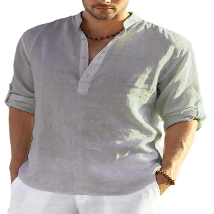 Men's casual cotton linen shirt with stand collar and button-down front in solid colour