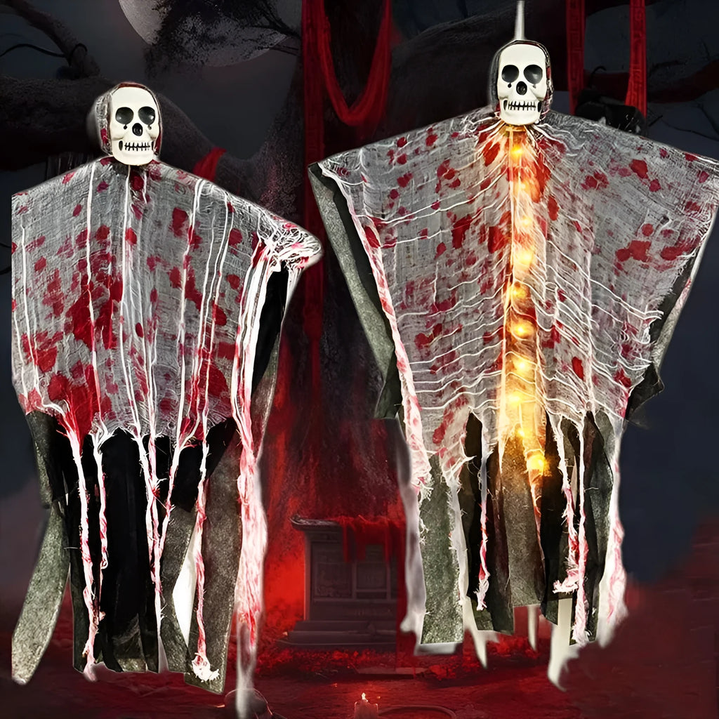 Plastic Halloween decoration with blood-dyed luminous skull hanging ghost design for outdoor displays