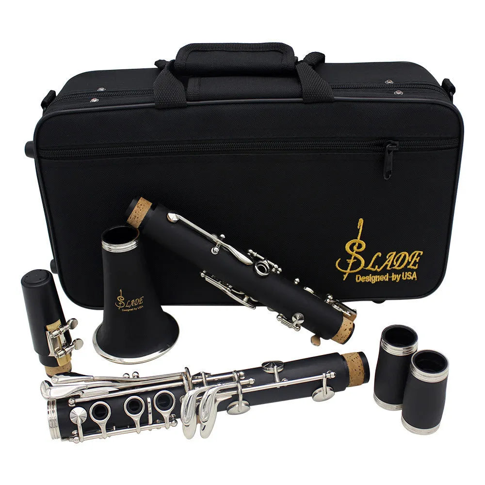 Black Bb clarinet with nickel-plated keys and included carry bag for beginner musicians