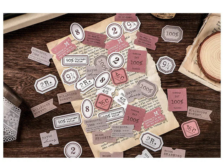 Mini label sheets in retro hand-account style, 62x45mm, 45 sheets in Kraft box with Butterfly Island colour design