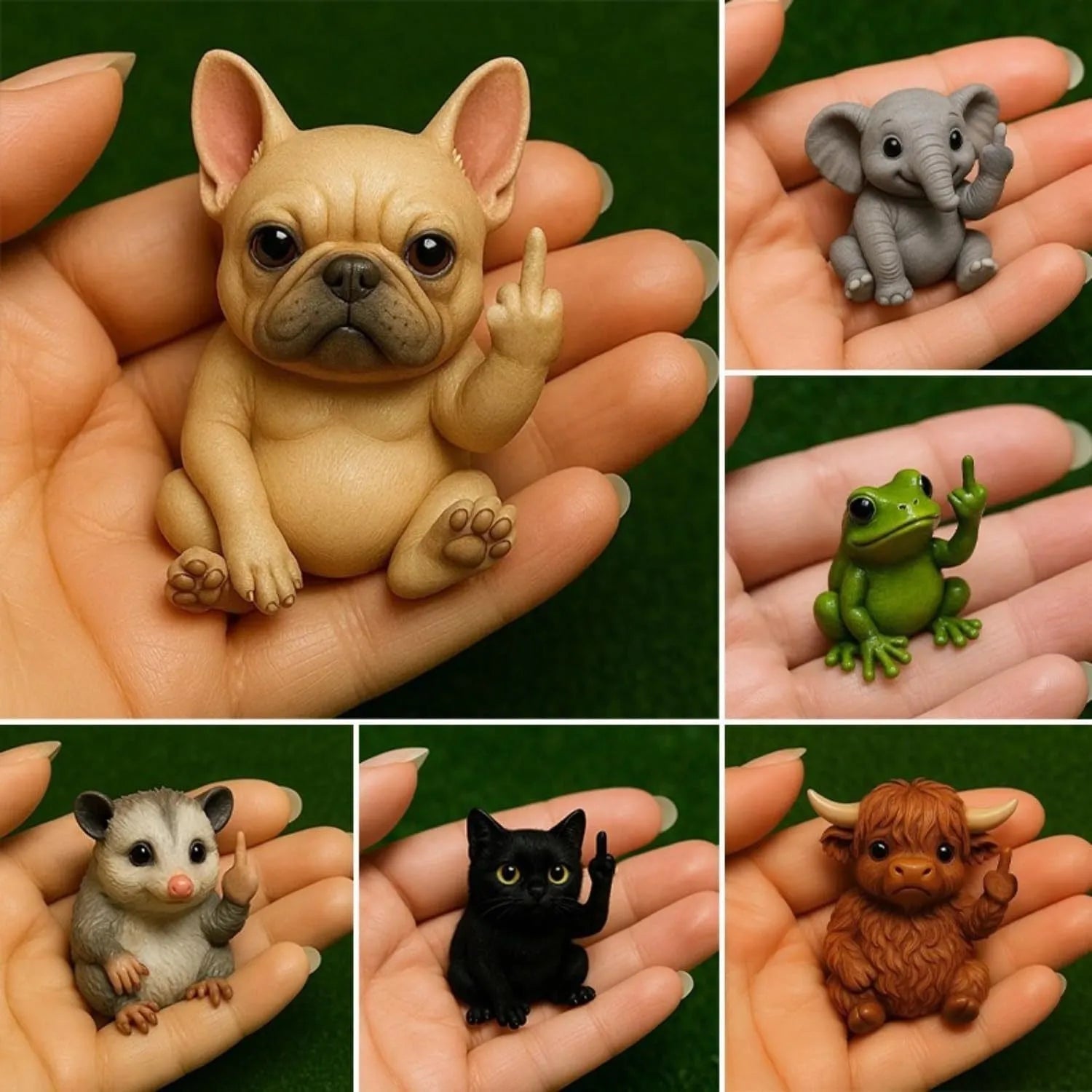Mini resin animal doll ornament in a vertical middle finger pose, styles include cat, dog, and elephant.