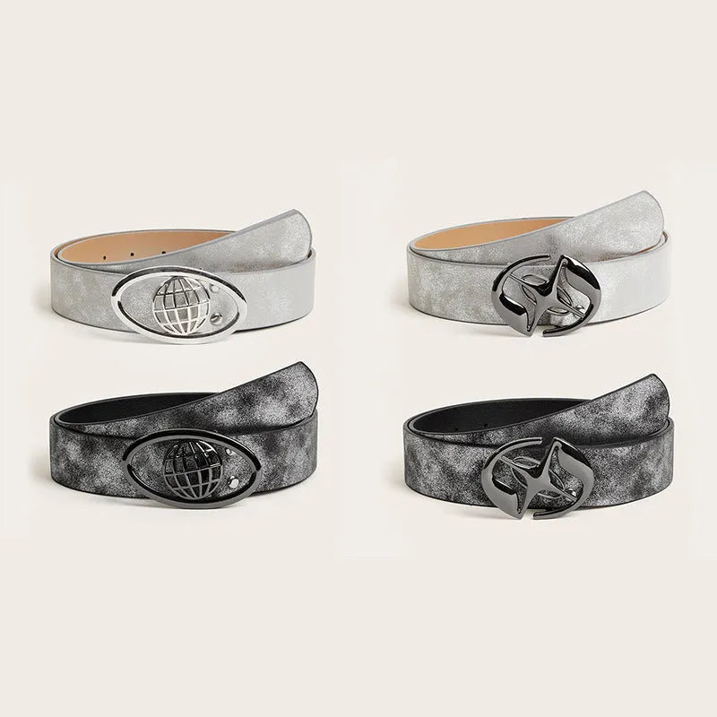 Retro women's belt with oval alloy buckle in thick width and antique finish
