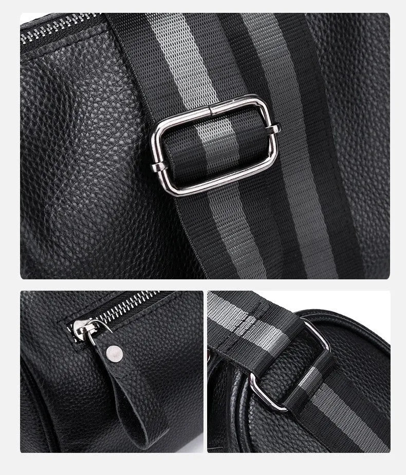 Black genuine leather one-shoulder crossbody bag showing front view