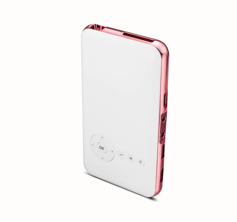 M6S miniature portable DLP projector in white and rose gold with 32GB memory and Android compatibility