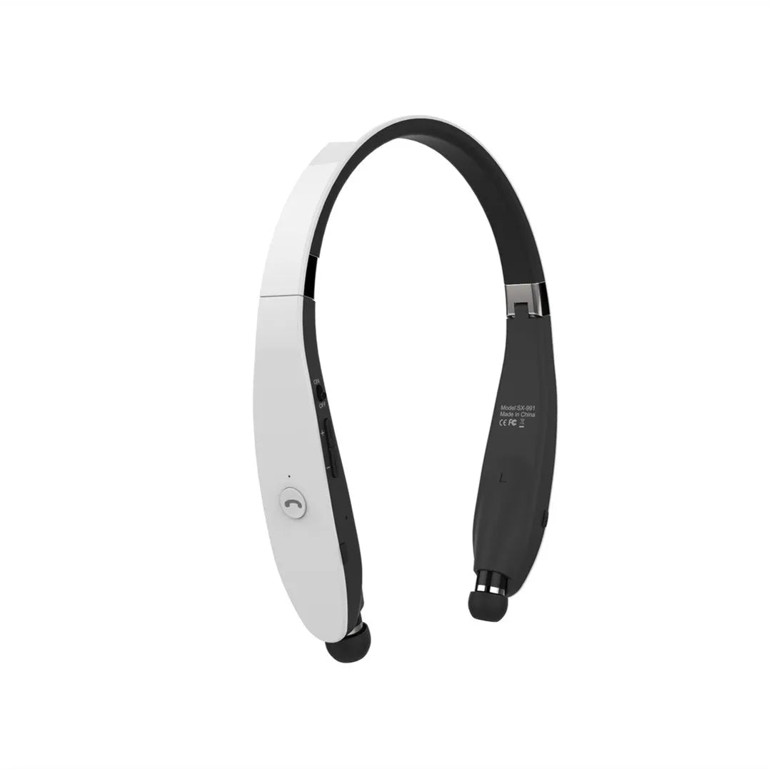 SX991 Wireless Retractable Earbuds in black with neck-hanging design and battery display