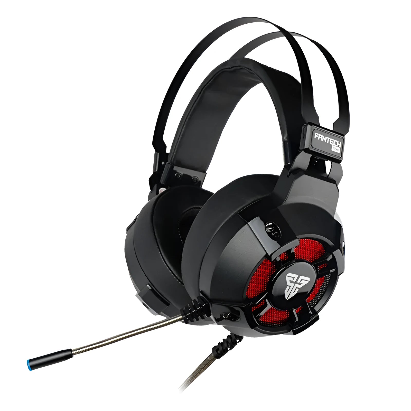 Black FANTECH HG11 gaming headset with RGB lights, large ear cups, and a noise-cancelling microphone on a flexible boom.