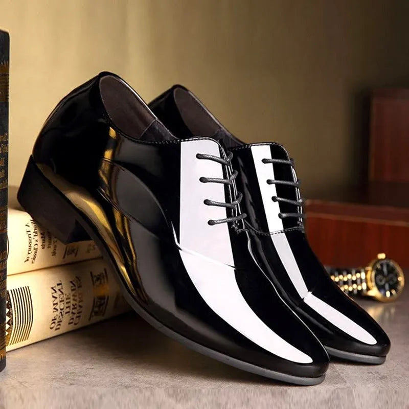 Men's black and brown business formal leather shoes with pointed toe and artificial PU upper