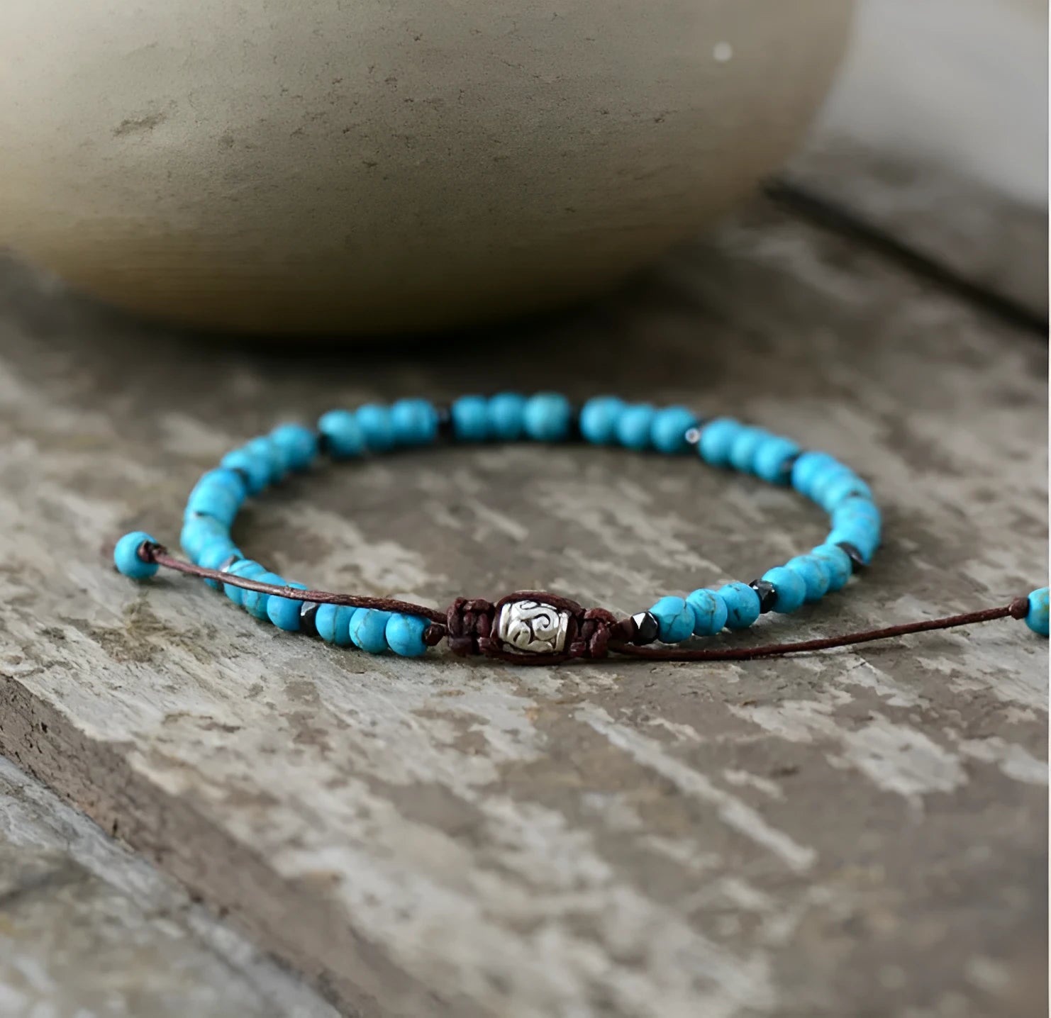 Men's natural gray agate drawing stone turquoise punk bracelet with abacus element on neutral background