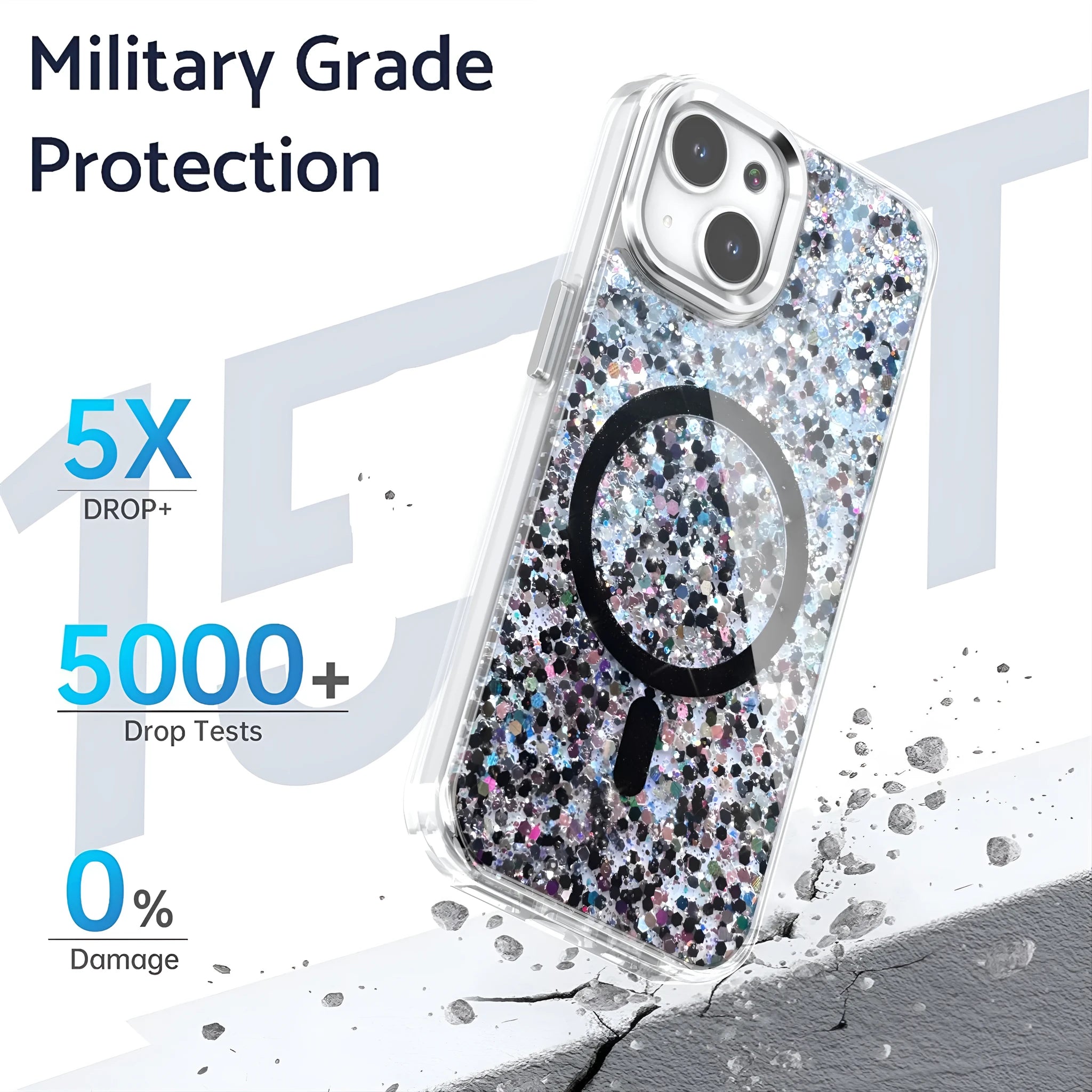 Transparent TPU phone case with sequins, glitter, and epoxy finish for iPhone, magnetic attraction, spray finish, multiple colour options