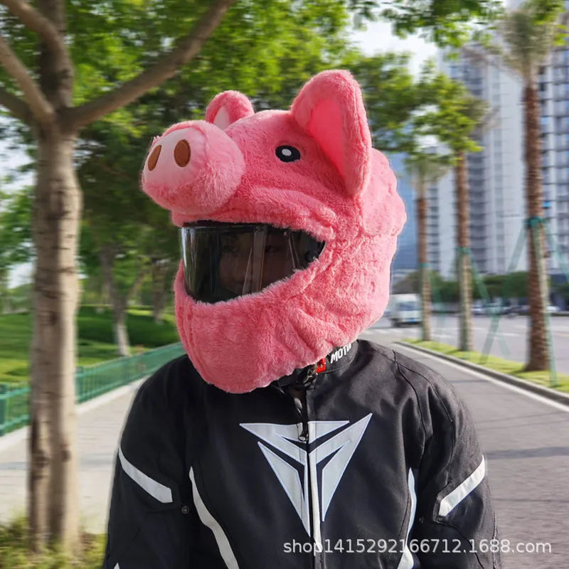Pink pig cartoon design motorcycle helmet protective hood made from plush PV velvet cloth