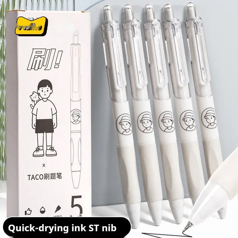 Five plastic ballpoint pens with 0.5mm tips and black ink for student writing