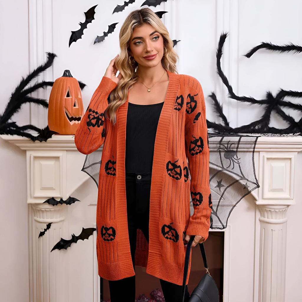 Women's black Halloween cardigan with orange pumpkin head jacquard pattern, medium length