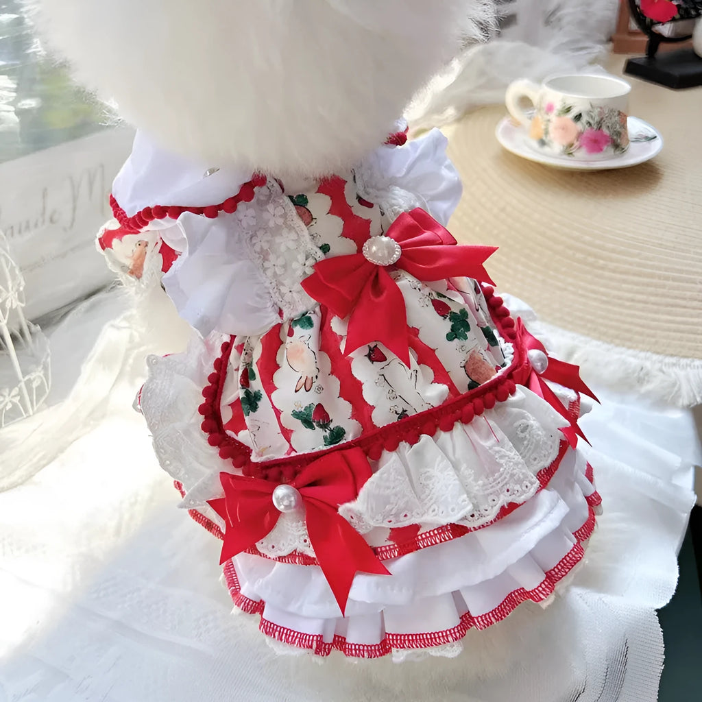 Small dog wearing princess-style rabbit skirt costume in polyester fabric