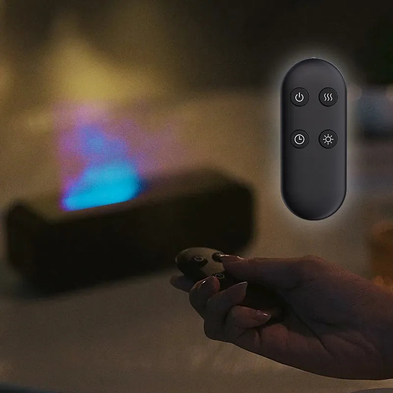 Flame dynamic aroma diffuser with remote control showing colour-changing LED lights