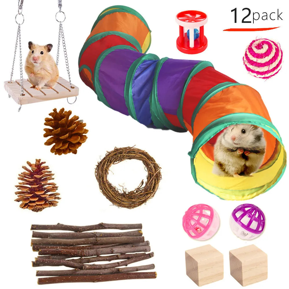 Wooden pet toy set with various components for rabbits, guinea pigs, and parrots