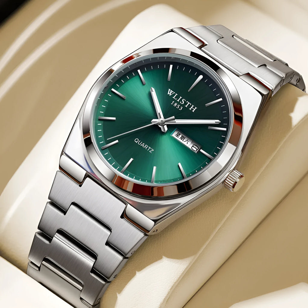 Waterproof luminous ultra-thin quartz men's watch in gold dial with silver stripes on white background