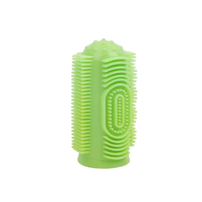Dog finger toothbrush with 360° silicone bristles in blue, green, pink, and purple – soft non-slip sleeve for pet teeth cleaning