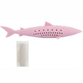 Silicone fish-shaped cat chew toy in green with breathable side holes for catnip