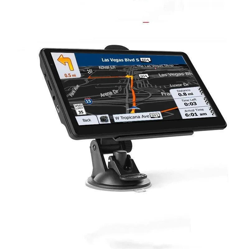 7 inch portable car GPS navigation device on a dashboard bracket showing a map on its HD touch screen.