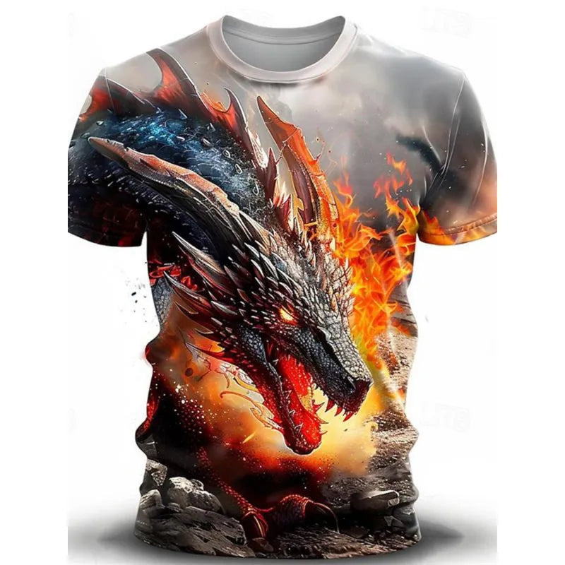 Men's black T-shirt with detailed 3D wind dragon print design on front, short sleeves, thin fabric