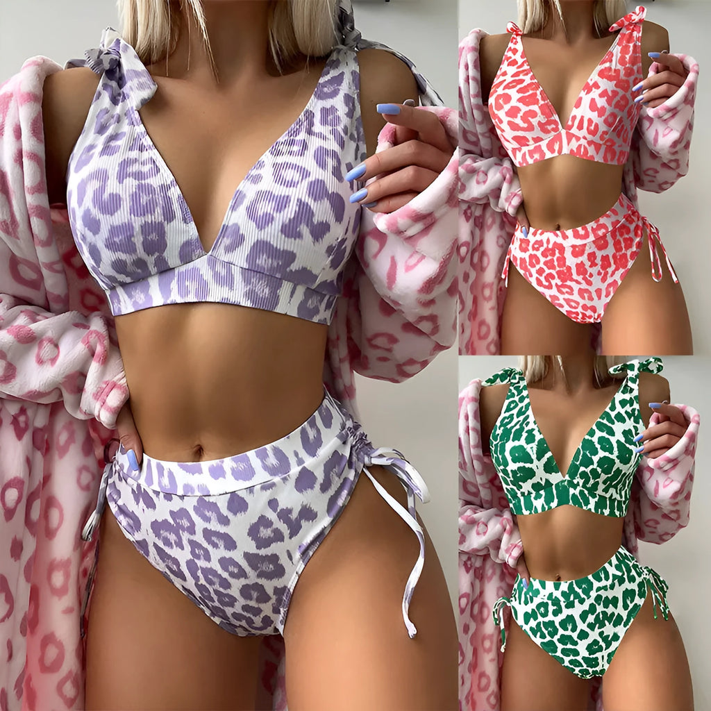 Women's purple leopard print high waist bikini set with lace-up chest cover top and matching shorts