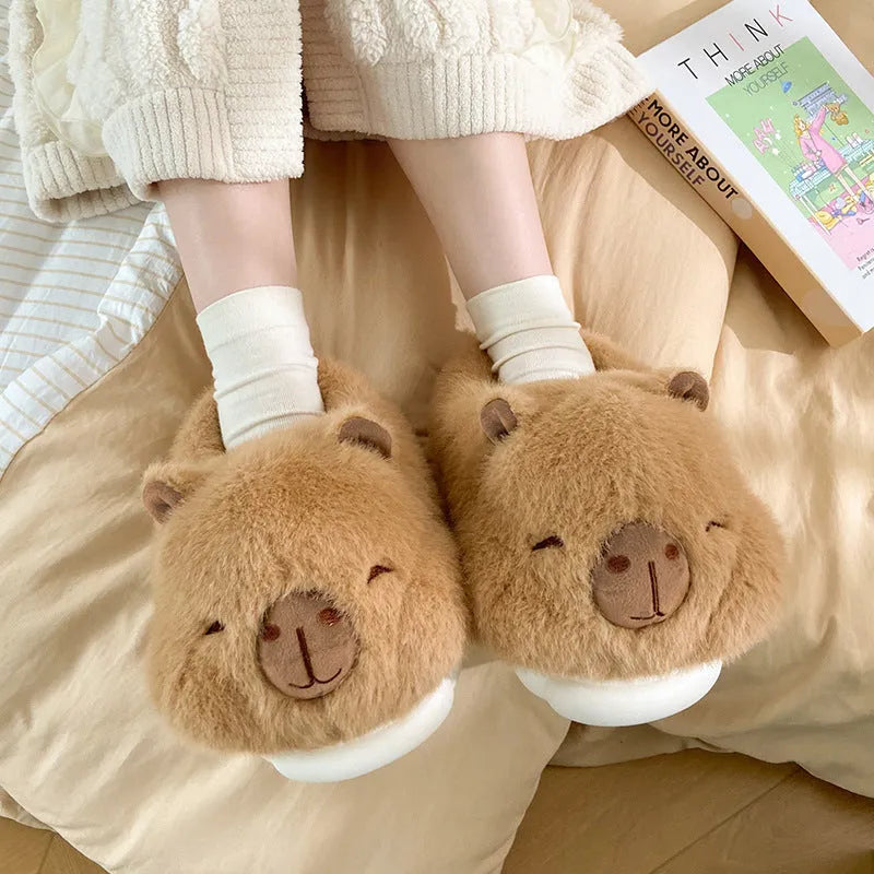 Light brown women's winter slippers with plush upper and artificial wool lining in adult sizes