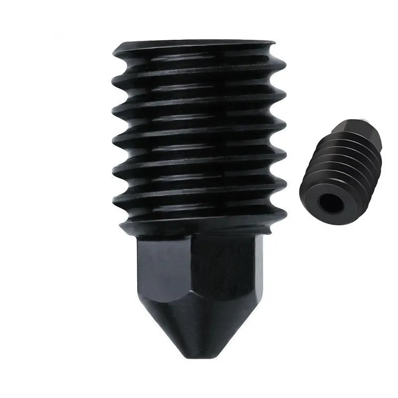 Bambu Lab A1 Mini hardened steel hot end assembly with multiple nozzle sizes and black silicone sleeve