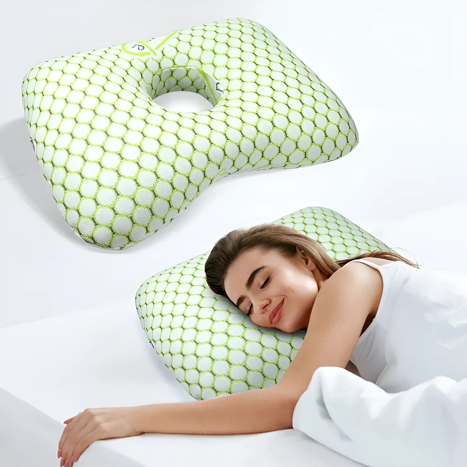 Beauty salon single hole ear pillow in a chosen colour, showing dimensions and removable cover feature.