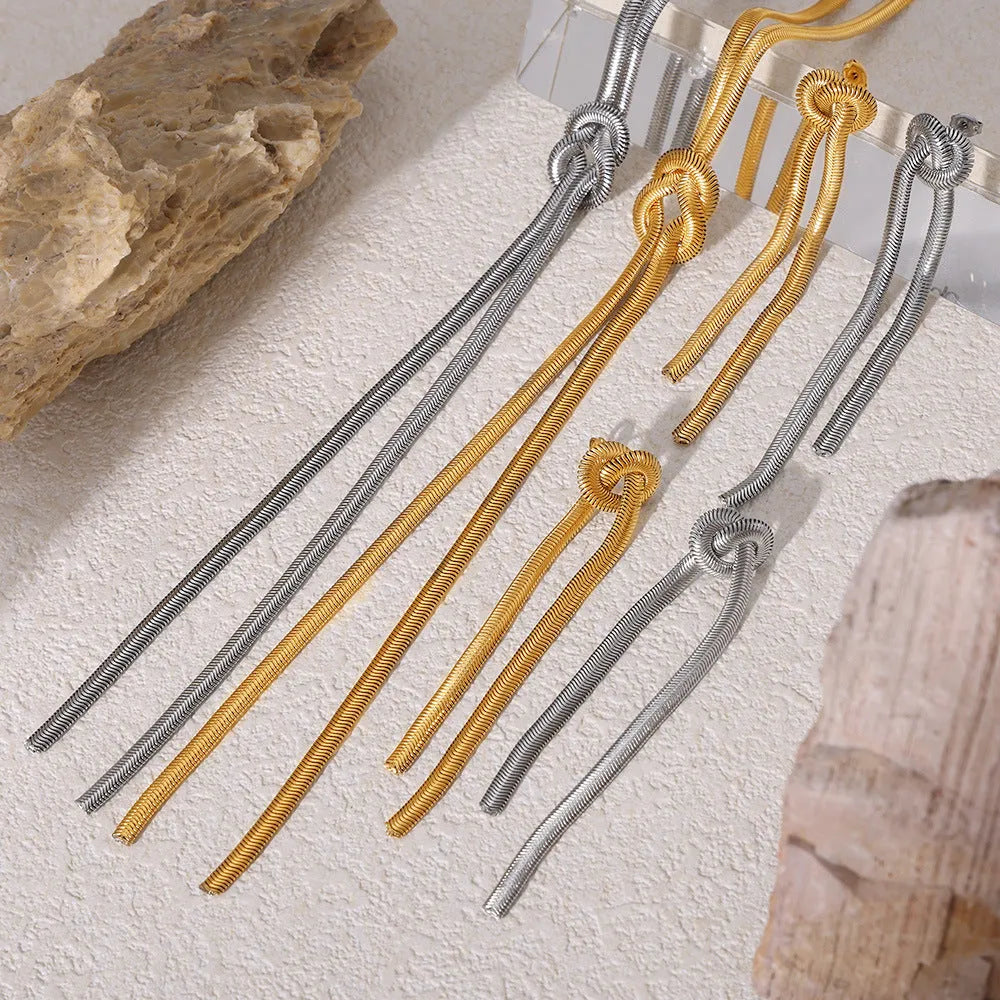 Gold electroplated titanium steel necklace with snake chain and tassel pendant with matching earrings jewellery set