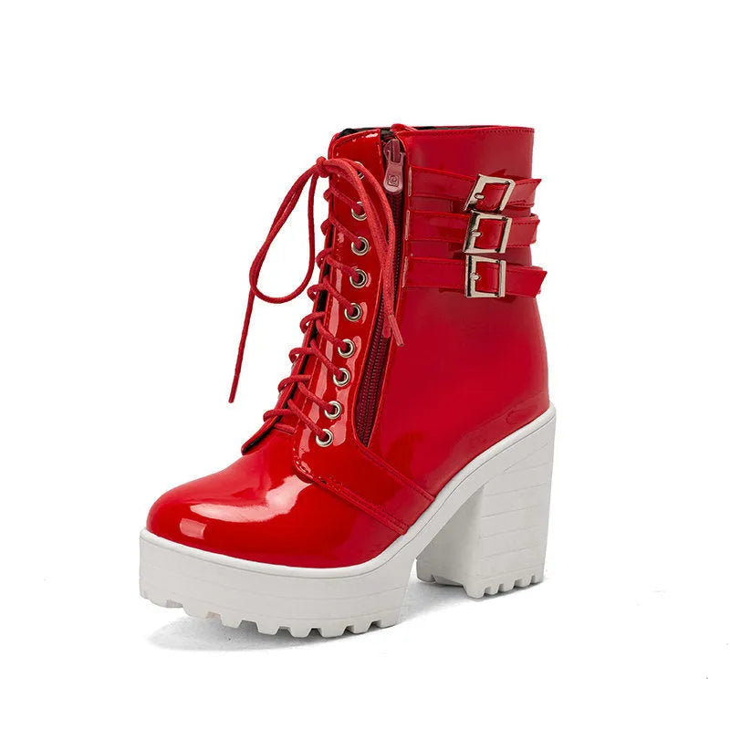 Women's black thick-heeled casual short boots with round toe and front lace-up.