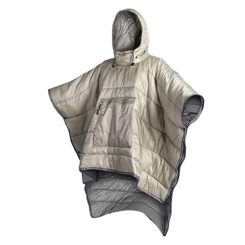 Adult-sized outdoor wearable sleeping bag cloak in Army Green colour showing convertible design