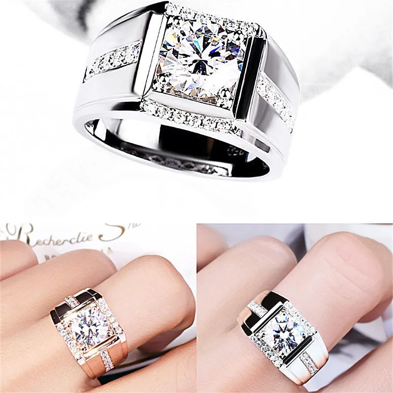 Men's adjustable open mouth ring with diamond-shaped geometric design and zircon stone centrepiece