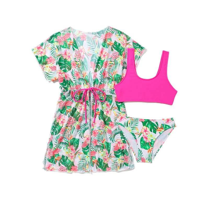 Girls' floral print two-piece swimsuit set with matching briefs for swimming