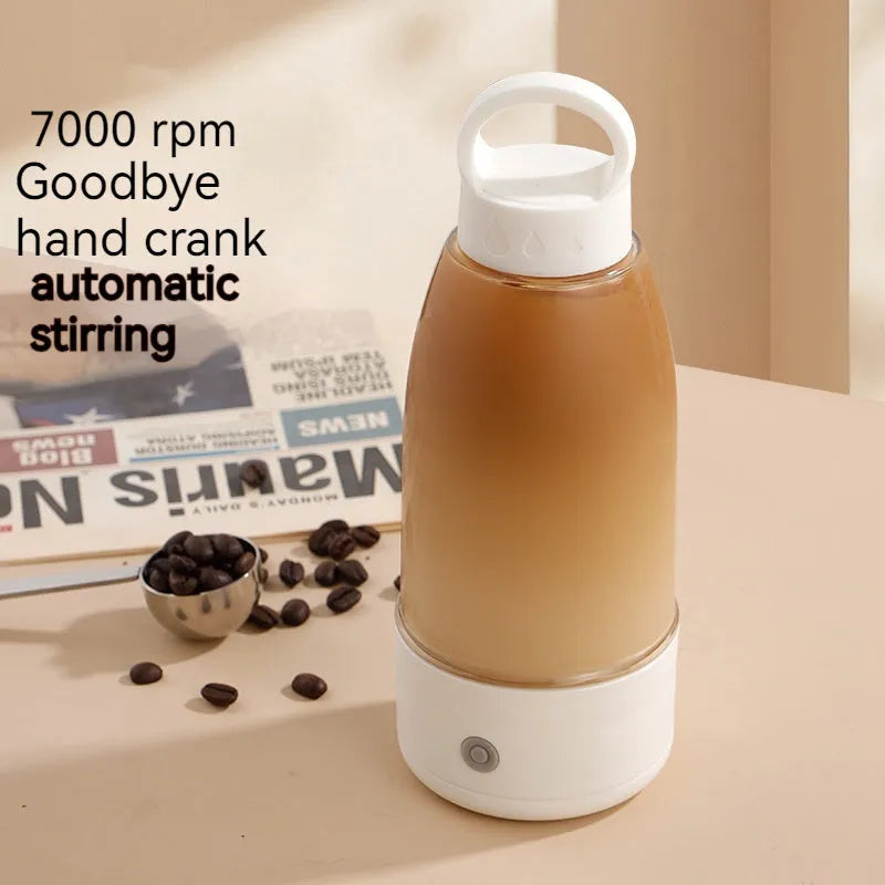 Automatic electric shaker bottle with USB charging port, handle, and blending button in green, pink, or white.