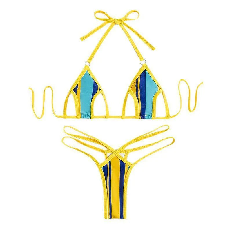 Yellow women's split swimsuit with neck-hanging style, hollow back, and high-waisted briefs