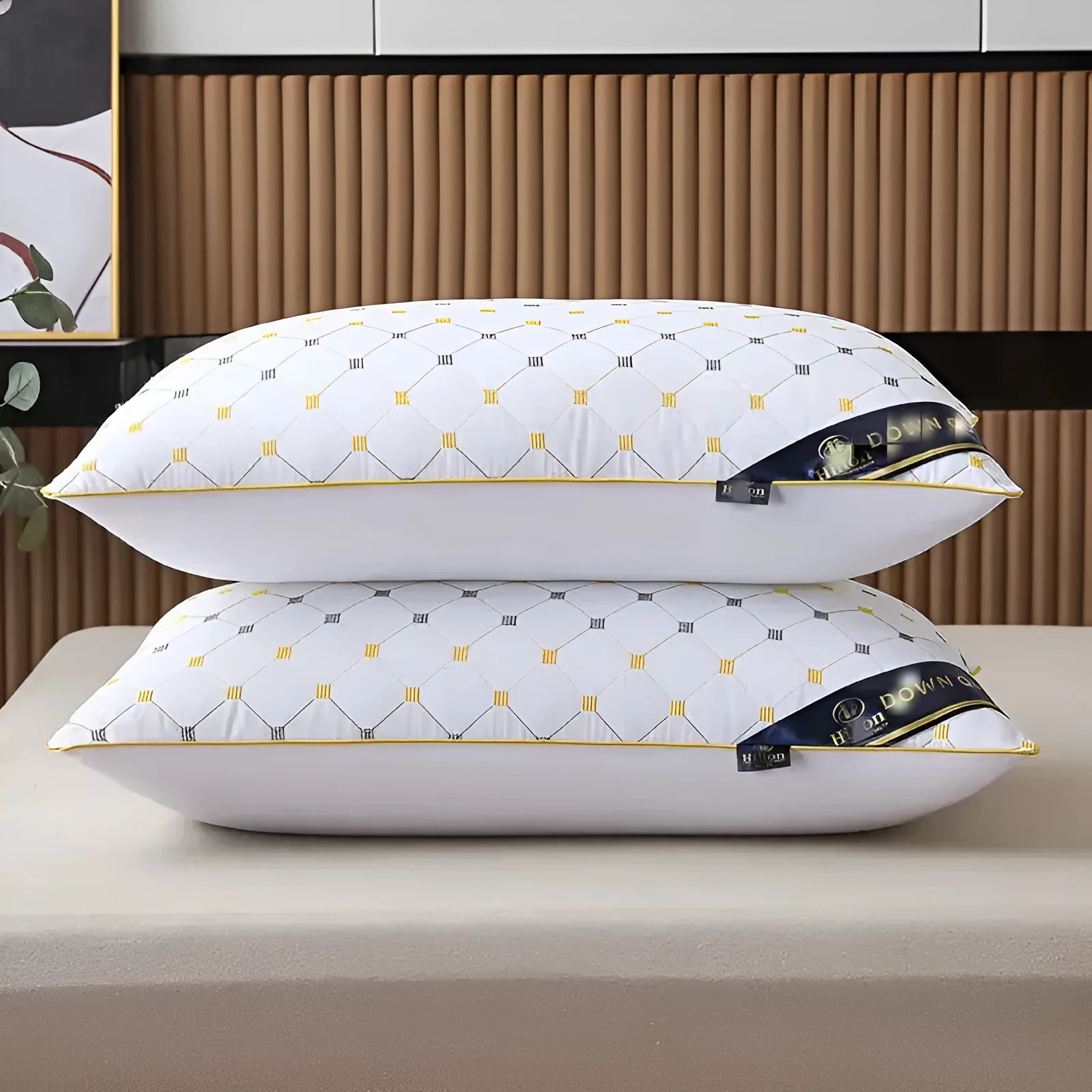 Polyester fibre pillow core insert shown in light blue colour next to a white pillowcase.