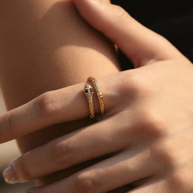 Adjustable snake finger ring with gold plating on copper and diamond treatment surface