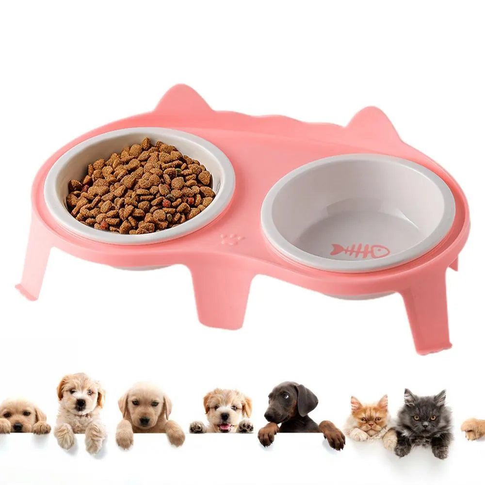 Blue ceramic cat food and water bowls on a white elevated stand with a storage hook.