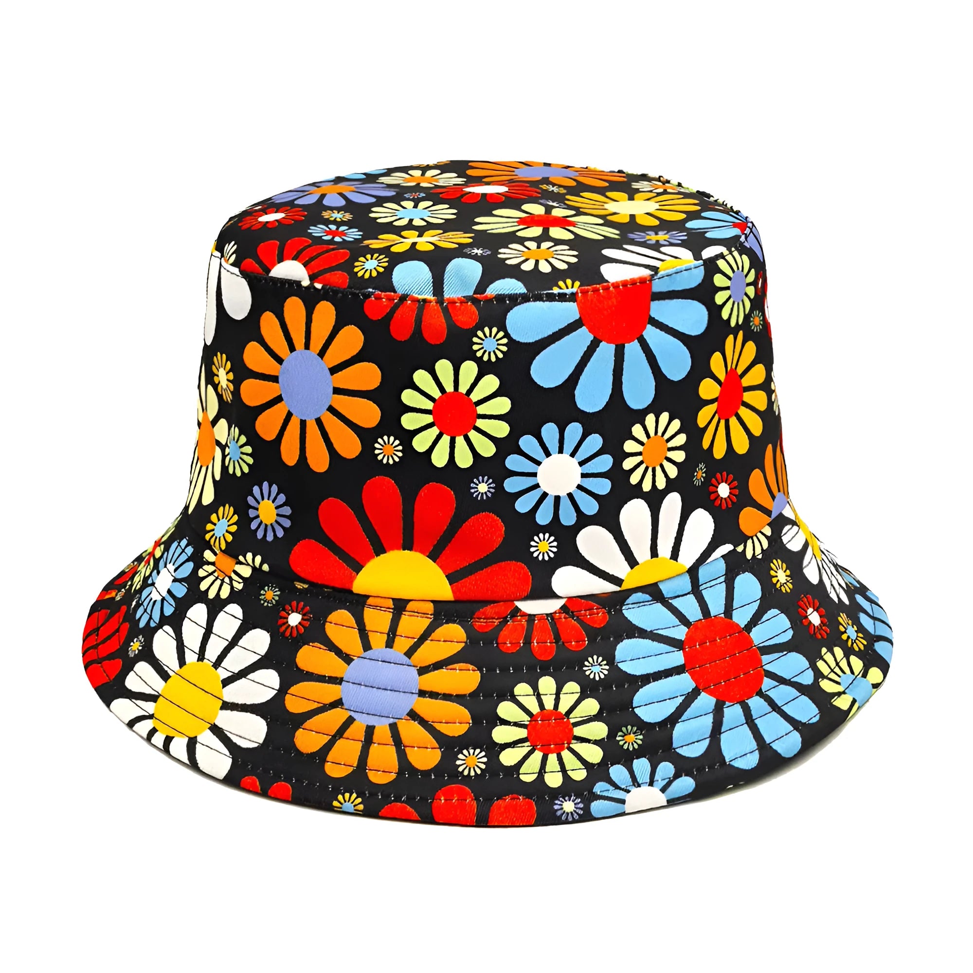 Colourful flower print polyester bucket hat with dome crown design for sun protection